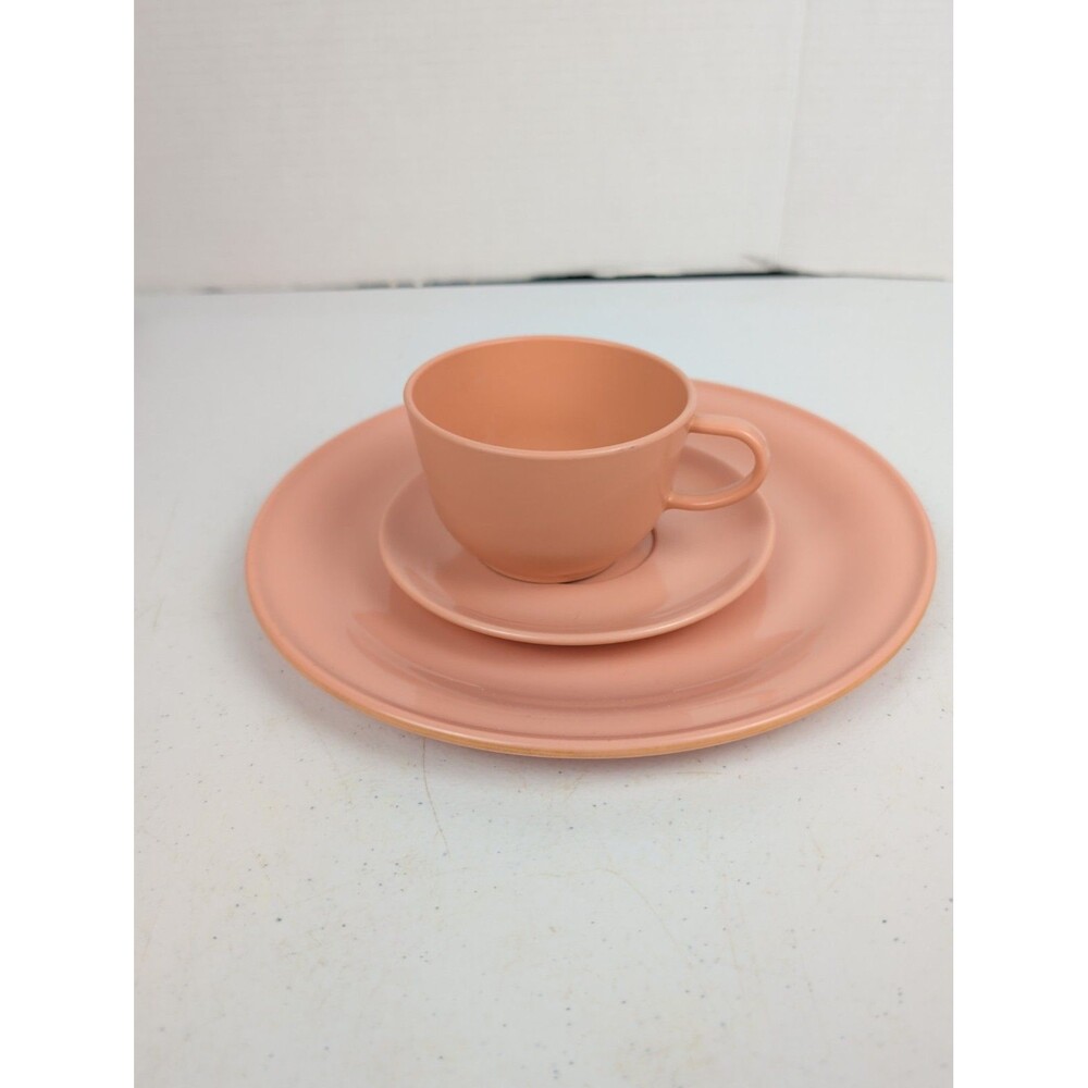 Vtg Hemcolite Melmac Salmon Lot 3 Cup Saucer And Dinner Plate Made In USA